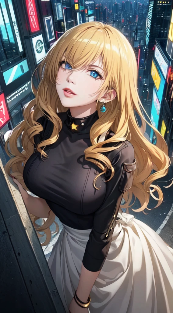 (masterpiece, top quality, best quality, extreme detailed, highest detailed, official art, cinematic composition, beautiful and aesthetic:1.2), colorful, (finely detailed eyes:1.1), beautiful face, perfect body, 1girl, solo, night city, urban city, laterns, street,white and  gold gochic dress, (neon lights:1.1), big breasts, sfw, stars, (cyberpunk:1.1), (science fiction:1.1), (look up:1.2), (public:1.2),long hair,gold hair,blue eyes,8k,adult woman ,メイド服