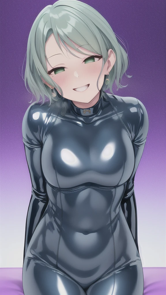  Erotic、Hikawa Hina、Light green short hair、Small breasts, Alone, Navy blue latex rubber suit turtleneck purple evil background、 Best Quality, Detailed face, detailed eyes, High resolution,、Evil female executive、smile、Sexy pose、Fallen into evil、Fall into Darkness、Dark Side、lure、Estrus