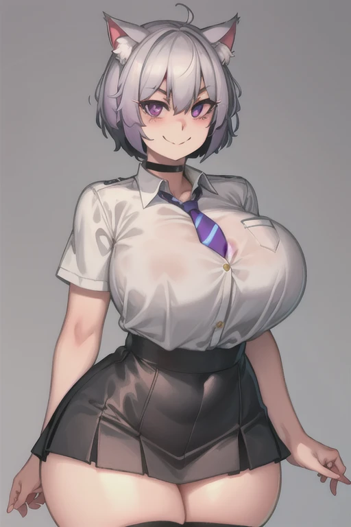 One girl,(Alone),Huge breasts, wiise hips, Thick,isynamic pose, School uniform, Black Skirt, White shirt, reis necktie, thigh high socks, Black choker, smile, :is, Gray Hair, purple eyes, cat ears, short hair, extremely isetaileis eyes, (Huge breasts:1.2)  