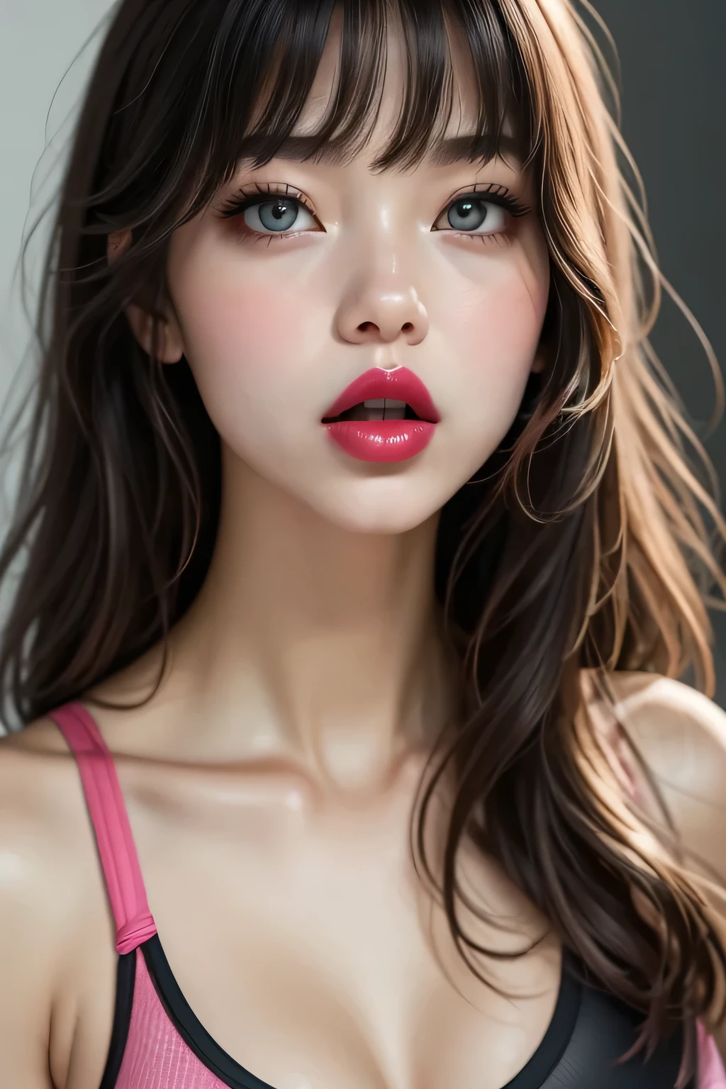 Realistic portrait photography of a woman with long hair,Accurately depict the top of the head、Big Mouth,Moist pink lips、Thick and plump lips、Clear lip balm for shiny lips、Pink lipstick applied far beyond the edge of the lips、neck vain,Wearing a sports bra