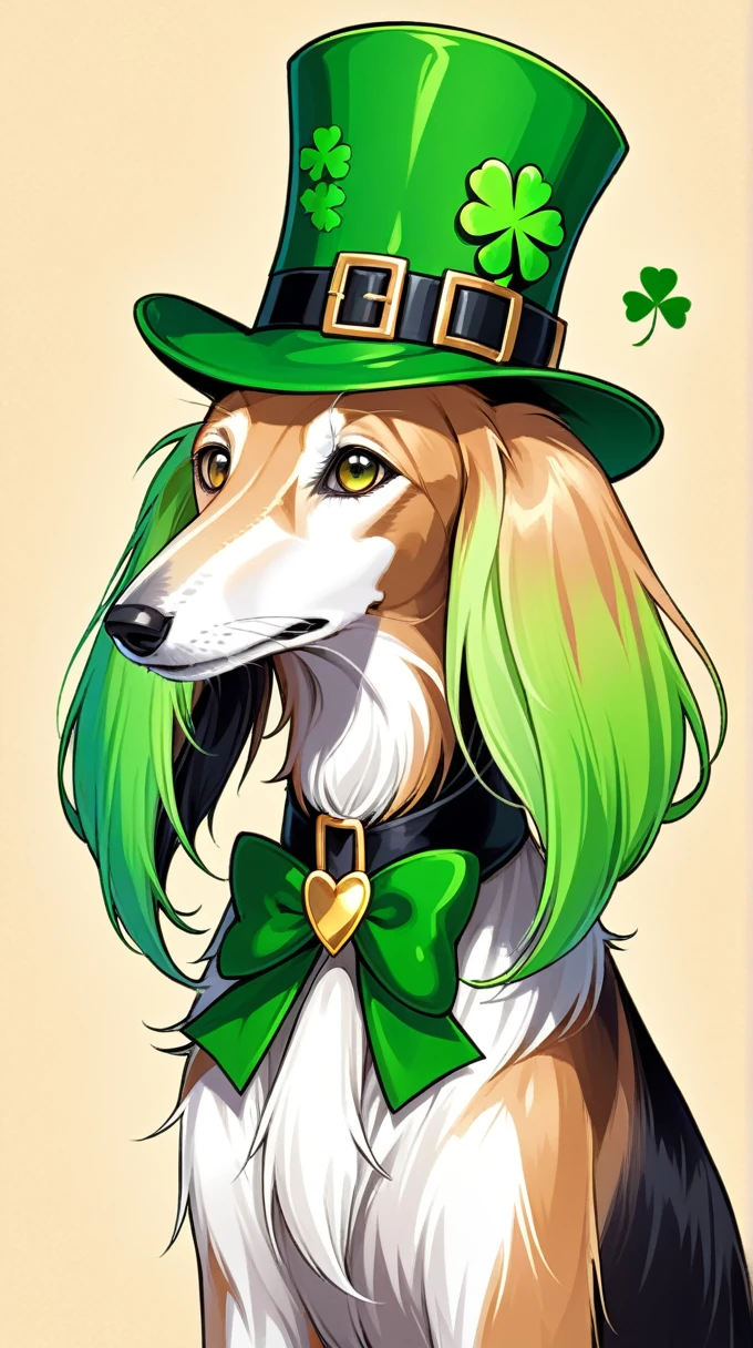 anime style, A strikingly majestic St. Patrick's Day Saluki wearing a leprechaun hat and a fake green beard, its fur exhibiting a stunning blend of colors, reminiscent of the intricate strokes of a master painter