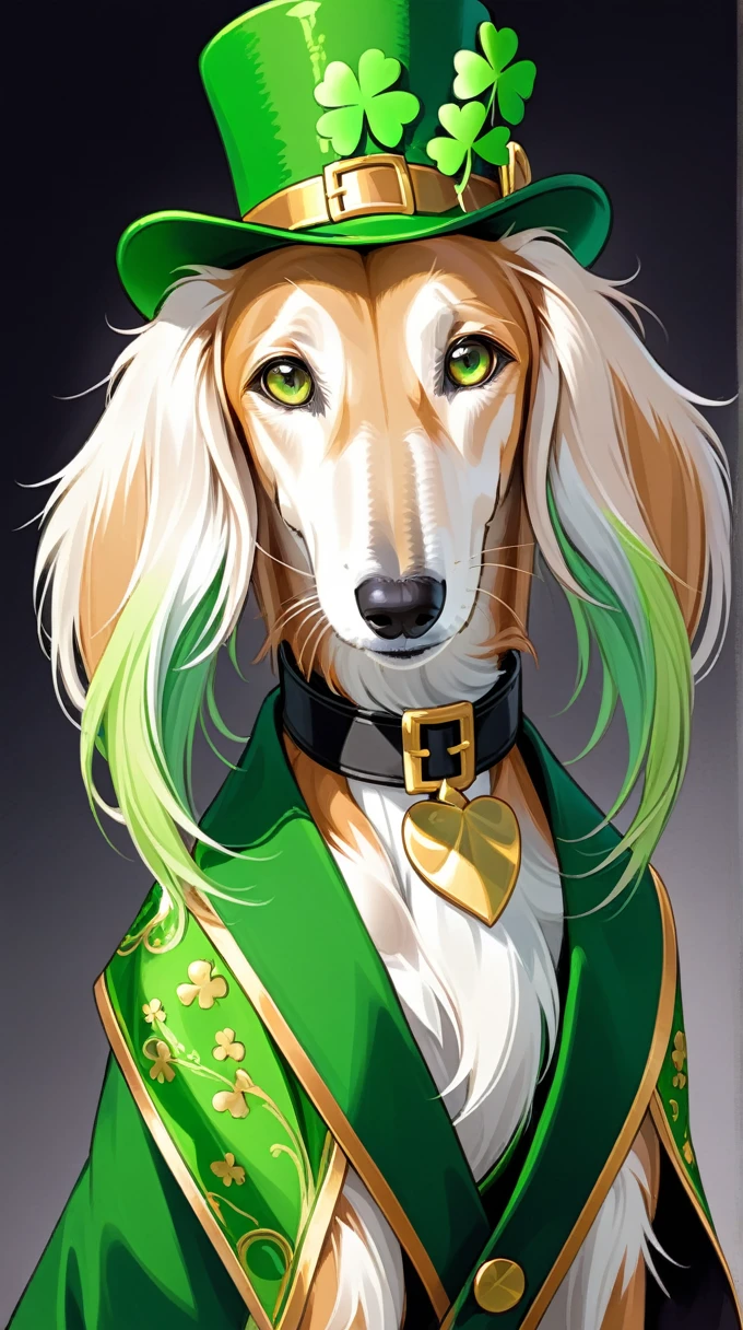 anime style, A strikingly majestic St. Patrick's Day Saluki wearing a leprechaun hat and a fake green beard, its fur exhibiting a stunning blend of colors, reminiscent of the intricate strokes of a master painter