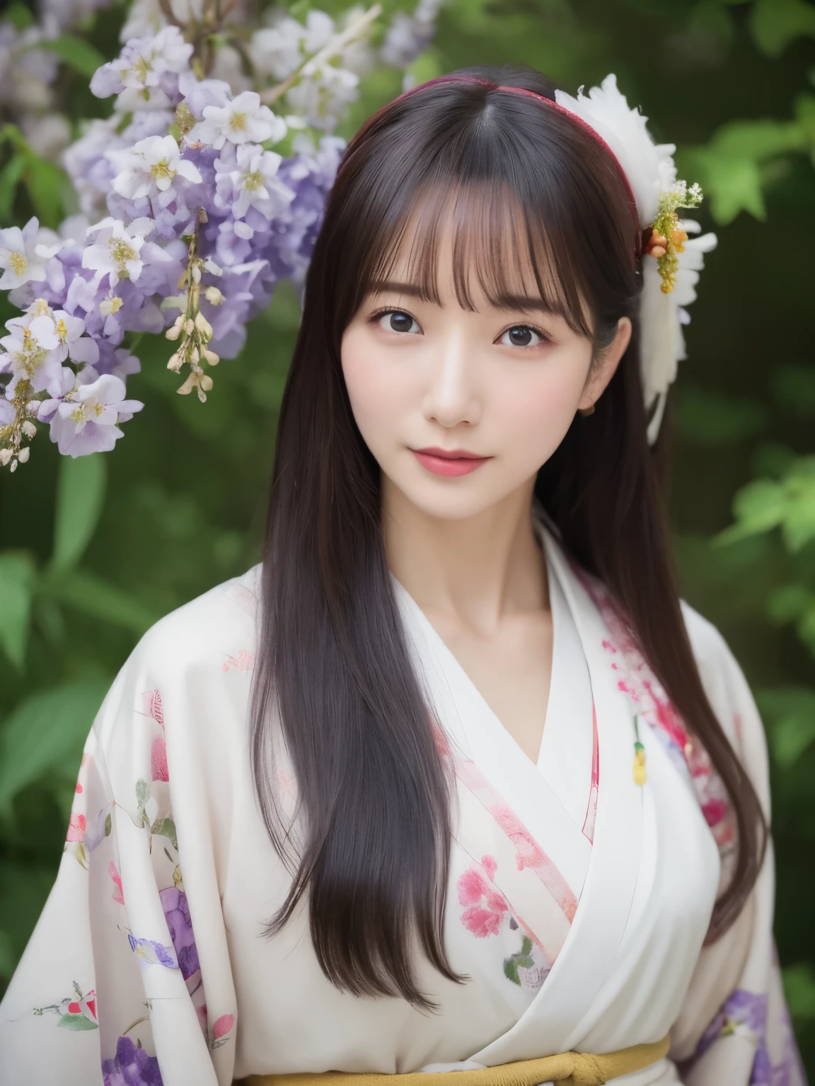 ((Realistic photos:1.3)),((Super detailed)),((sharp:1.5)),1 girl, alone, 櫻flower, flower見, white flower, white flower, Spring, Wisteria, flower瓣, flower, 梅flower, outdoor, falling flower瓣, Dark Eyes, Brightly colored, very traditional and retro exquisite kimono, Purple hair,(Hanfu), starlight hair,Kimono-specific head shapes and headgear,whole body,