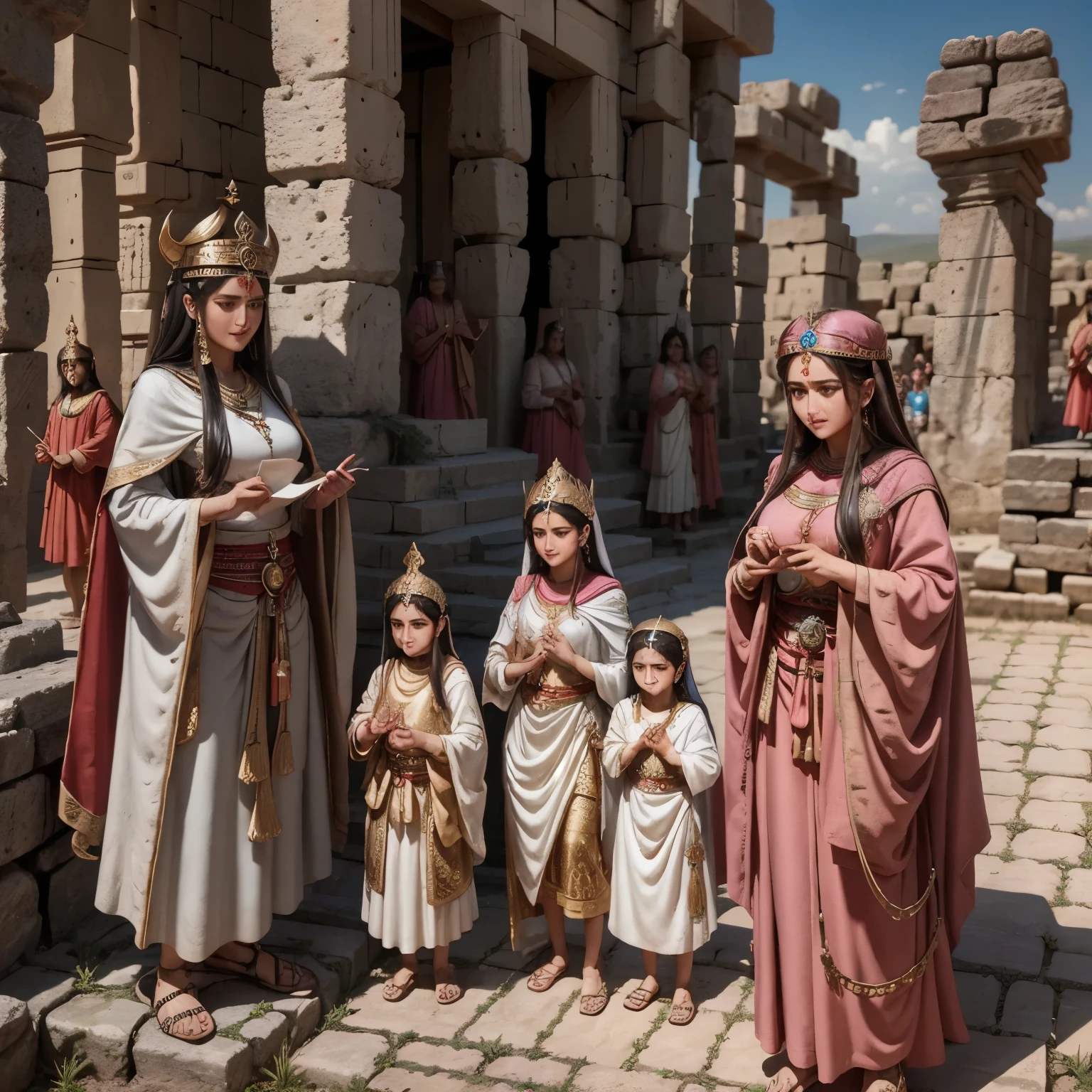 an ancient Hittite celebration with statues of the following deities: Arinna, Hebat, Hulla, Ishara, Kubaba, Mezulla, Shaushka, Zintuhi. priestesses and priests, Hittite population participating in the rite. a Hittite city with many ziggurats in the background.