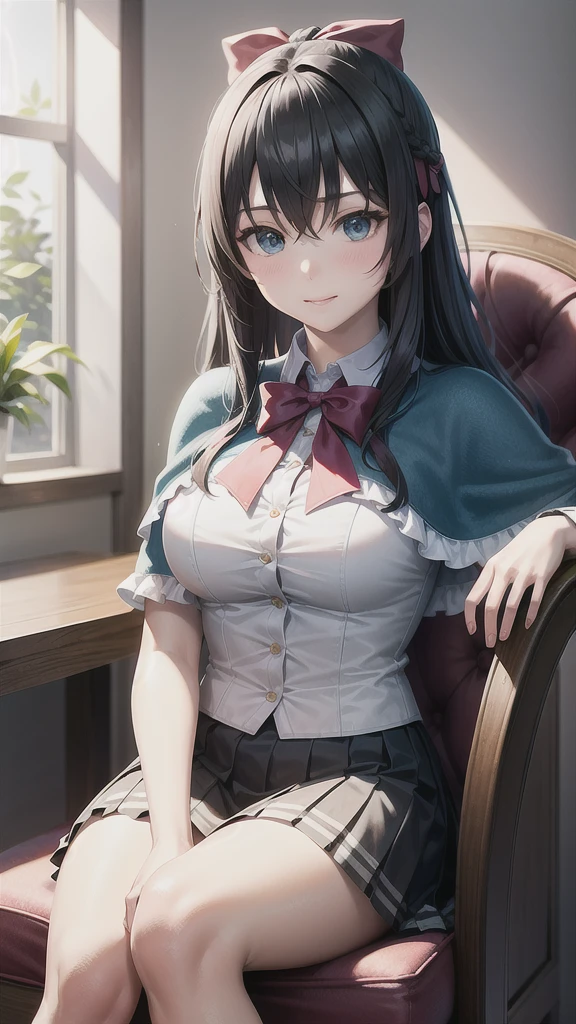 ((((masterpiece, extremely detailed, best quality)))), illustration, indoor, chair, (simple background), (cowboy shot), stylized, (liselottecretia), 1girl, blue hair, (long hair, hair between eyes, hair ribbon), blue eyes, (looking at viewer:1.2), (light smile), (blush:1.2), lower body, (white shirt, red bowtie, frills, brown vest, capelet, skirt), (large breasts:1.2), sitting, sitting on chair