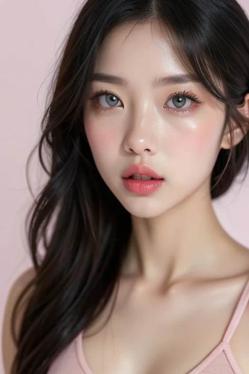 Realistic portrait photography of a woman with long hair,Accurately depict the top of the head、Emphasise the definition of the lips、Big Mouth,Moist pink lips、Thick and plump lips、Clear lip balm for shiny lips、A pale pink lip balm applied widely around the edge of the lips、neck vain,Wearing a sports bra