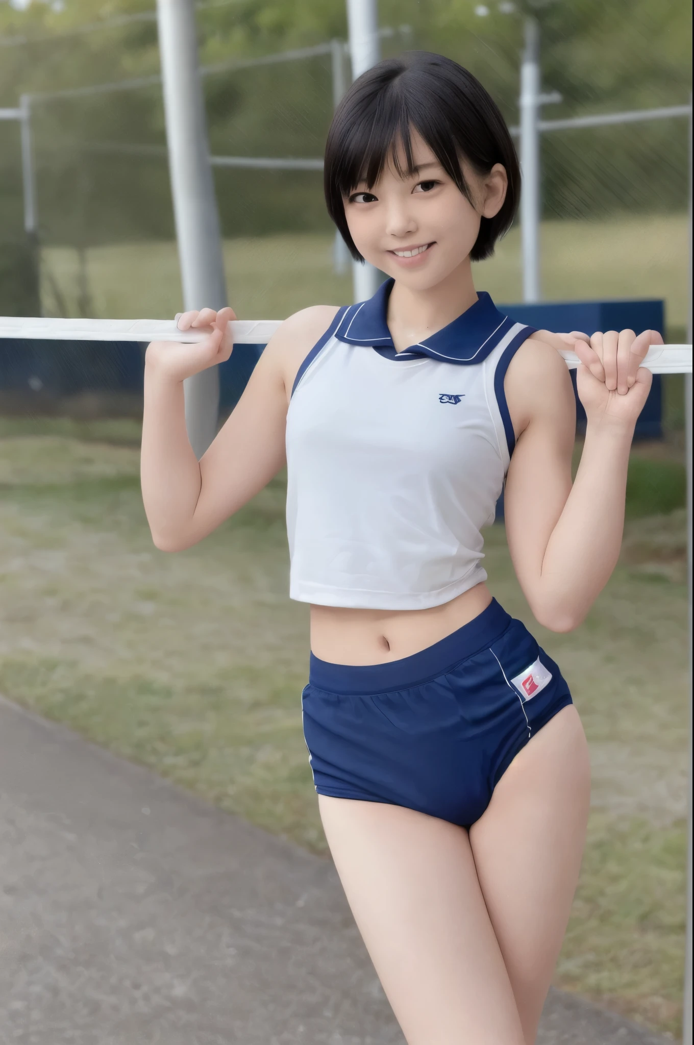 girls in school play ground,speedo-style navy blue briefs without logo,white school gym shirt,18-year-old,bangs,a little smiles,thighs,knees,short cut hair,poneytail,from below