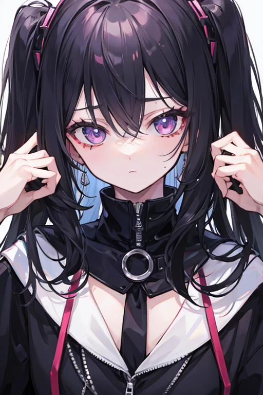 1girl, black long hair, a lot of hair, eye covering bangs, purple eyes, expressionless, wearing coat, urban ruins, absurdres, high res, ultrasharp, 8K, masterpiece, purple aura, portrait, good hands, good fingers