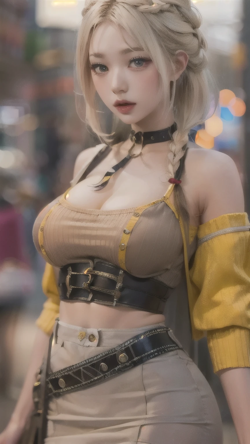 ,extremely detailed CG unity 8k wallpaper,best quality,realistic,world masterpiece,(highres, ultra detailed,8K),black and platinum blonde hair with beautiful and detailed braids, brown and Friday clothes, with sexy skirt, green and yellow eyes, best quality, good resolution,Huge breasts 