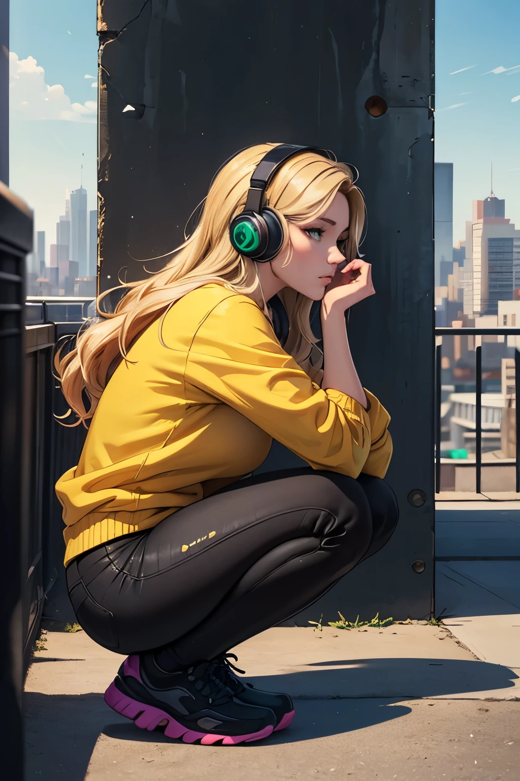 (masterpiece), (best quality, highres, highly-detailed, illustration), 1girl, solo, city, contemporary, profile picture closeup, blonde beige long hair, green eyes, beautiful detailed eyes, squatting, headphones, 8k, trending on ArtStation, featured on Pixiv,