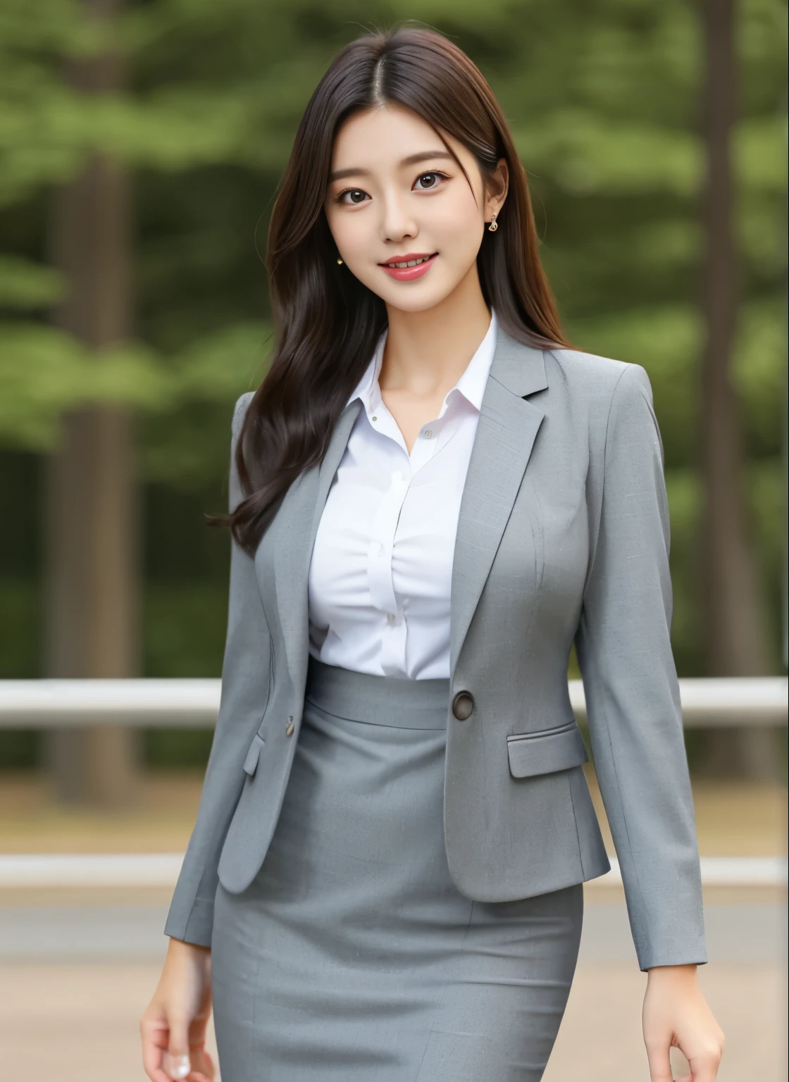 ((Masterpiece, best quality,photorealistic)),(smile:0.85),(office background) edgpdress, 1girl, japanese, detailed face, detailed eyes, big breasts,asian, solo,formal,tight suit, pencil skirt,wearing edgpdress,standing in park