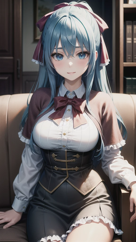 ((((masterpiece, extremely detailed, best quality)))), illustration, indoor, chair, (cowboy shot), stylized, (liselottecretia), 1girl, blue hair, (long hair, hair between eyes, hair ribbon), blue eyes, (looking at viewer:1.2), (light smile), (blush:1.2), lower body, (white shirt, red bowtie, frills, brown vest, capelet, skirt), (large breasts:1.2), sitting, sitting on chair