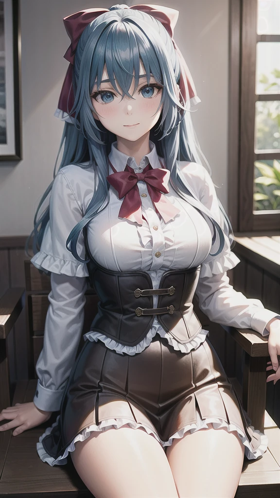 ((((masterpiece, extremely detailed, best quality)))), illustration, indoor, chair, (cowboy shot), stylized, (liselottecretia), 1girl, blue hair, (long hair, hair between eyes, hair ribbon), blue eyes, (looking at viewer:1.2), (light smile), (blush:1.2), lower body, (white shirt, red bowtie, frills, brown vest, capelet, skirt), (large breasts:1.2), sitting, sitting on chair