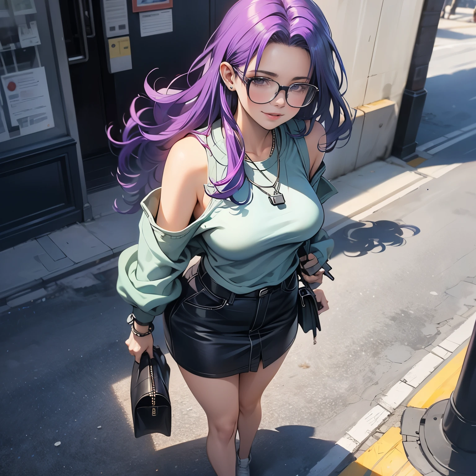 (masterpiece), best quality, 1girl, expressive eyes, perfect face, (purple hair), perfect anatomy, full body, 4k, HDR, full HD, solo, hyper_detailed), misato katsuragi, long flowing hair, purple hair, Off-the-shoulder sweatshirt, electric blue sweatshirt, sweatshirt with long sleeves, sweatshirt with elegant cuffs, she wears intellectual glasses, short skirt, short electric blue skirt, silver sneakers, on her wrists she wears silver accessories, earrings silver, silver necklace over the sweatshirt, she is walking along a side path of the city,