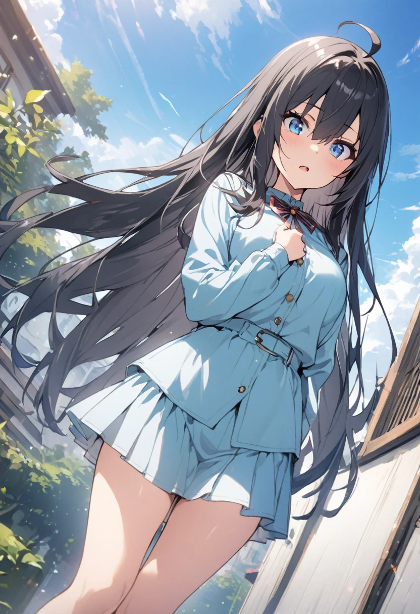 (A woman is chanting a spell and floating in the sky, 地面から上にWindがふきスカートがめくれてパンティが見えている, Sexy and cute white panties:1:3), Beautiful Anime Woman, Beautiful art style, Anime characters, ((Smooth texture, Realistic texture, アニメCGWind)), ((Highest quality)), (Very detailed), (Very detailed CG 統合 8k 壁紙), Very detailed, High-resolution RAW color photos, Professional photography, masterpiece, Highest quality, beautiful and big breasts, Slender body, (Stunningly beautiful woman), (Detailed face:1.2), (Blue Hair, White Dress, White mini skirt, belt, Red eyes, Circlet, boots, Blue Cape), Outdoor, nature, Wind, Perfect lighting, Perfect Shadow, Exact number of arms, Exact number of legs, Perfect Anatomy, Exact finger count、Exact number of legs、(Exact number of arms:1.0, Exact number of hands:1.0), (Perfect hands, Perfect Anatomy), (Embarrassed expression), Angle looking up from below the front, Dragon Quest, wise