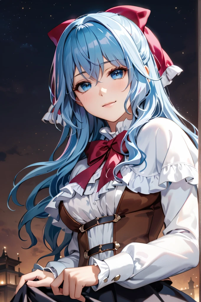 (masterpiece, best quality, ultra detailed), light smile, solo, standing, sgliselotte, blue hair, blue eyes, frills, (white capelet:1), red bow, hair bow, white shirt, black skirt, long sleeves, brown corset, night sky background  