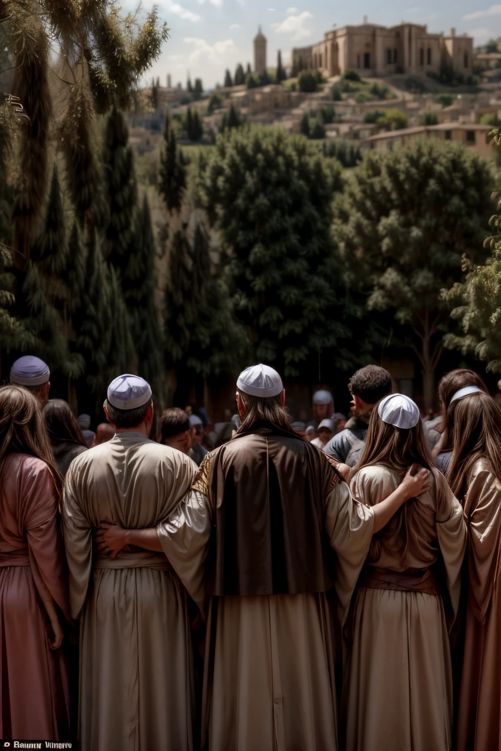 an ancient pre-Christian Jewish celebration, priests and Jewish population participating in the rite in an ancient Jewish city in the background