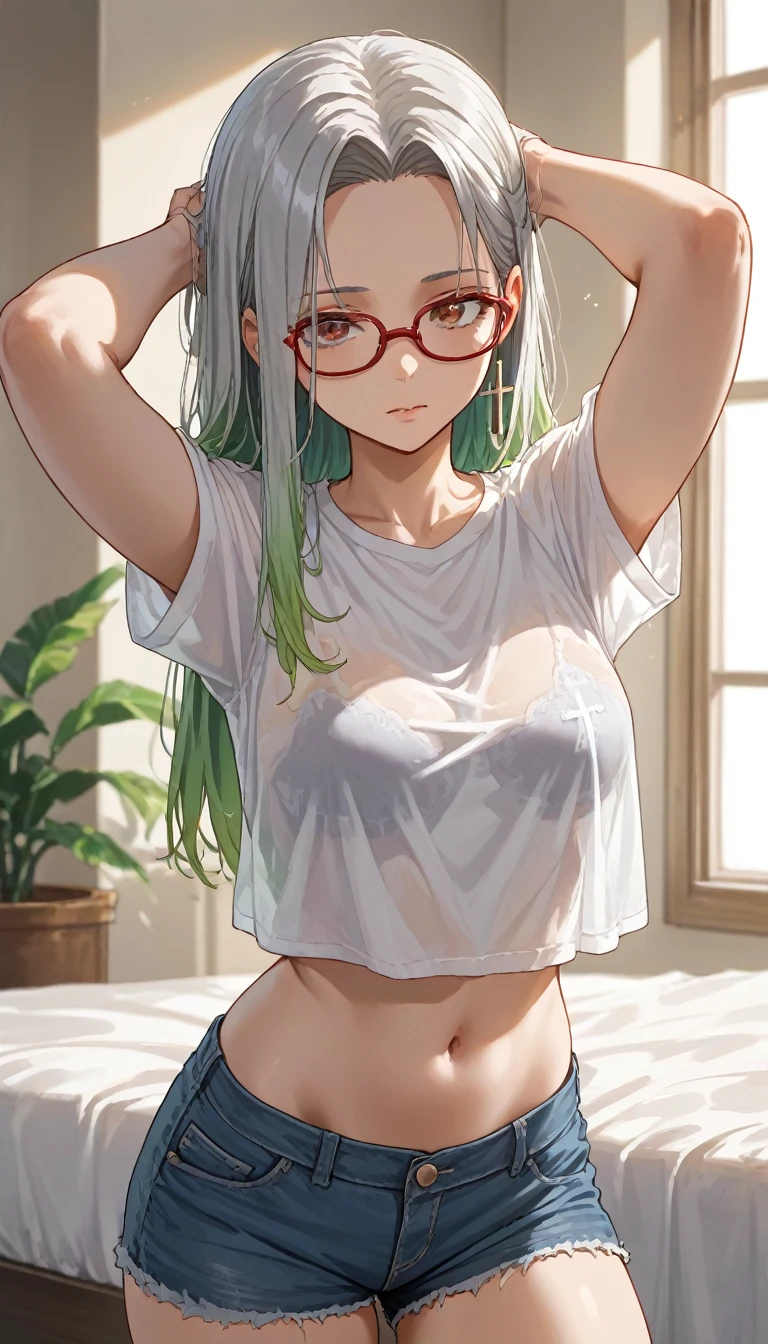 1 female、Braided Pigtails、Big Tits、（Big Tits：1.8）、Glasses、（face：Without eye patch）、blue eyes、Green Hair、Eyepatch bikini、Eyepatch bikiniのボトムのみ、（color：transparent）、（size：Micro Bikini）、thong underwear、From the back、（Tanned Nude）、Sunburn mark、Sunburn mark、水着のline、white、胸の谷間状のline（line：胸の谷間状のline）