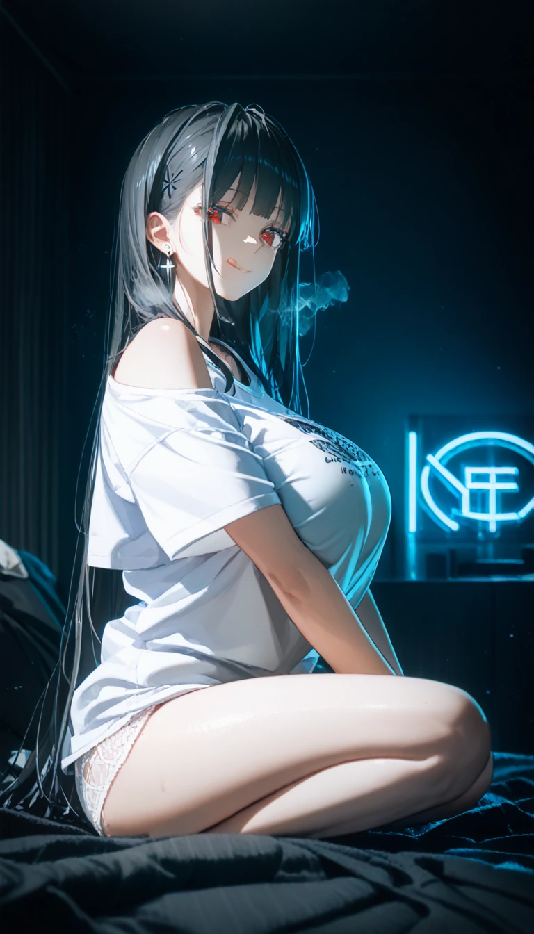 Random pose、cowgirl position、、cowgirl position、Upper body naked、nude、Hide your with your hands、Blushing、Embarrassed expression、、Not wearing a bra、Black Hair、Side Ponytail、Pale purple eyes、、Blushing、lipstick、Perfect hands、Detailed hands、Train seats、hand bra