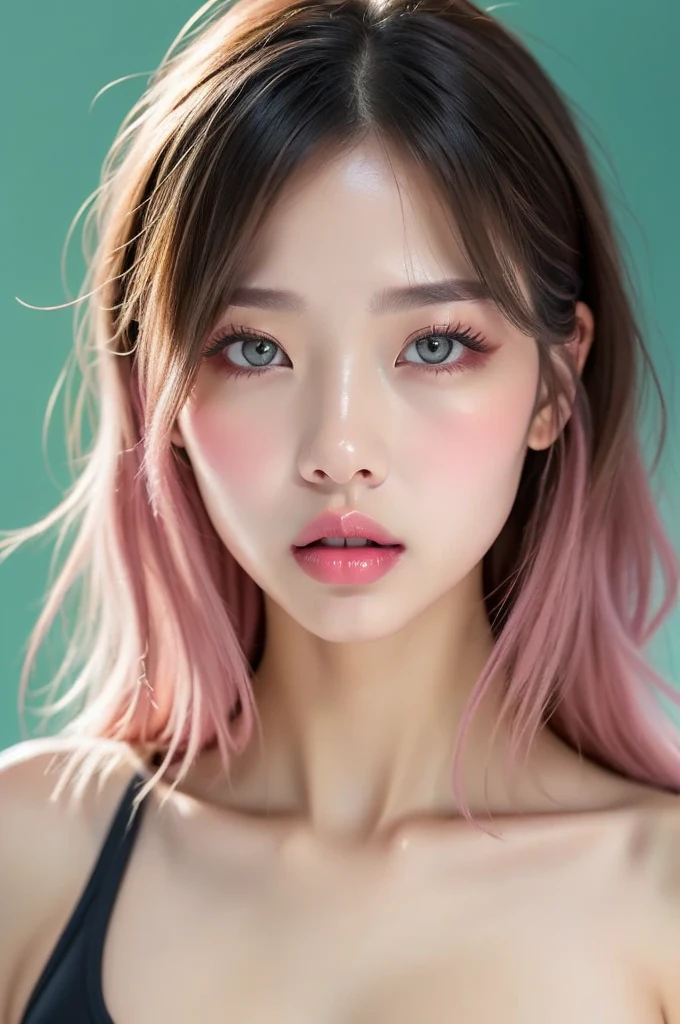 Realistic portrait photography of a woman with long hair,Accurately depict the top of the head、Emphasise the definition of the lips、Big Mouth,Moist pink lips、Thick and plump lips、Clear lip balm for shiny lips、A pale pink lip balm applied far beyond the lip line、neck vain,Wearing a sports bra