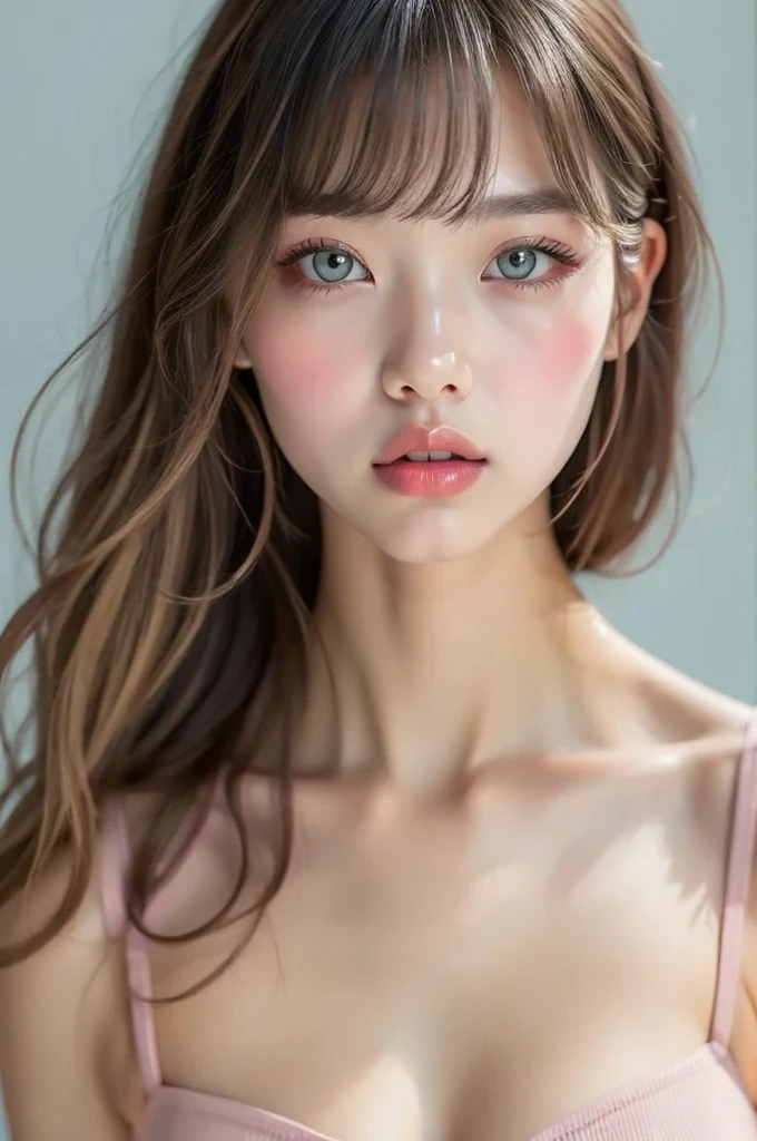 Realistic portrait photography of a woman with long hair,Accurately depict the top of the head、Emphasise the definition of the lips、Big Mouth,Moist pink lips、Thick and plump lips、Clear lip balm for shiny lips、A pale pink lip balm applied far beyond the lip line、neck vain,Wearing a sports bra