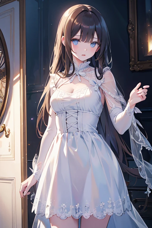 a beautiful girl with dark brown long hair, blue eyes, wearing a white dress, standing in a haunted house, a ghost floating beside her, intricate details, (best quality,4k,8k,highres,masterpiece:1.2),ultra-detailed,(realistic,photorealistic,photo-realistic:1.37),HDR,UHD,studio lighting,ultra-fine painting,sharp focus,physically-based rendering,extreme detail description,professional,vivid colors,bokeh,horror,photography