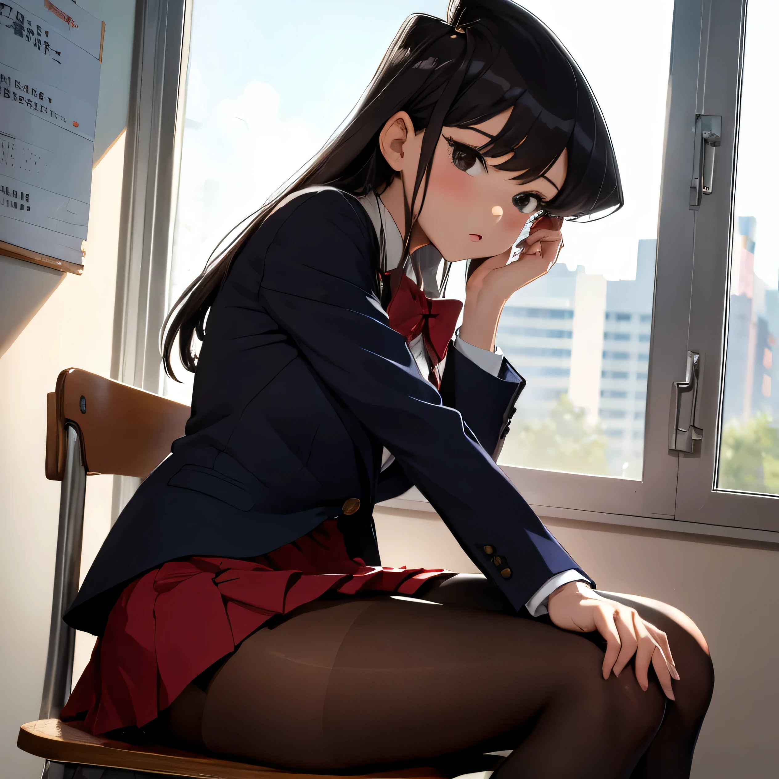 Komi Shouko, masterpiece, best quality, absurdres, 1girl, looking at viewer, v arms, pantyhose, classroom, school uniform, red skirt, red bow, blazer, window, sitting, spread legs, chair, crowd