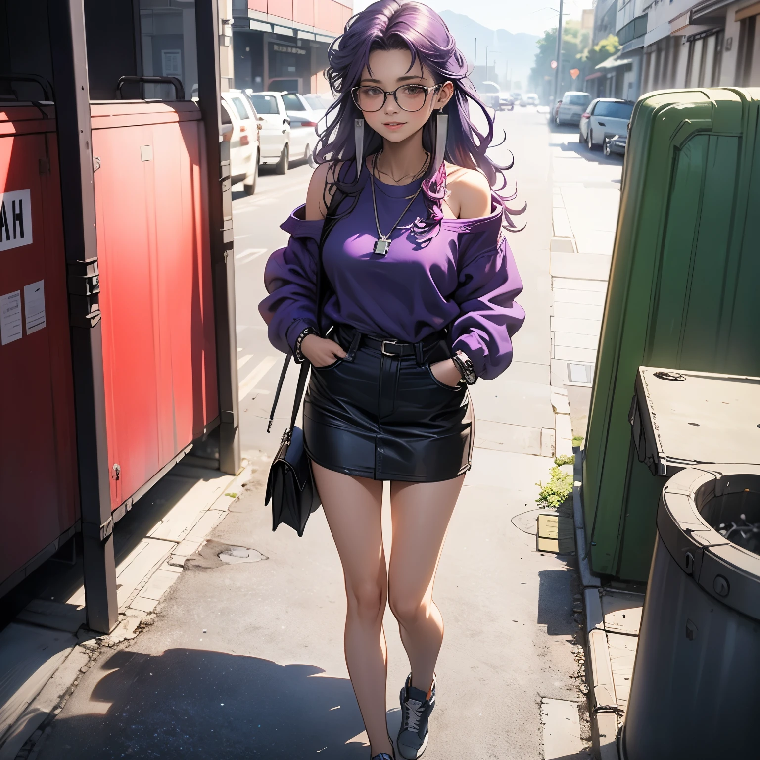 (masterpiece), best quality, 1girl, expressive eyes, perfect face, (purple hair), perfect anatomy, full body, 4k, HDR, full HD, solo, hyper_detailed), misato katsuragi, long flowing hair, purple hair, Off-the-shoulder sweatshirt,sweatshirt V, sweatshirt with long sleeves, sweatshirt with elegant cuffs, she wears intellectual glasses, short skirt, short electric blue skirt, silver sneakers, on her wrists she wears silver accessories, earrings silver, silver necklace over the sweatshirt, she is walking along a side path of the city,