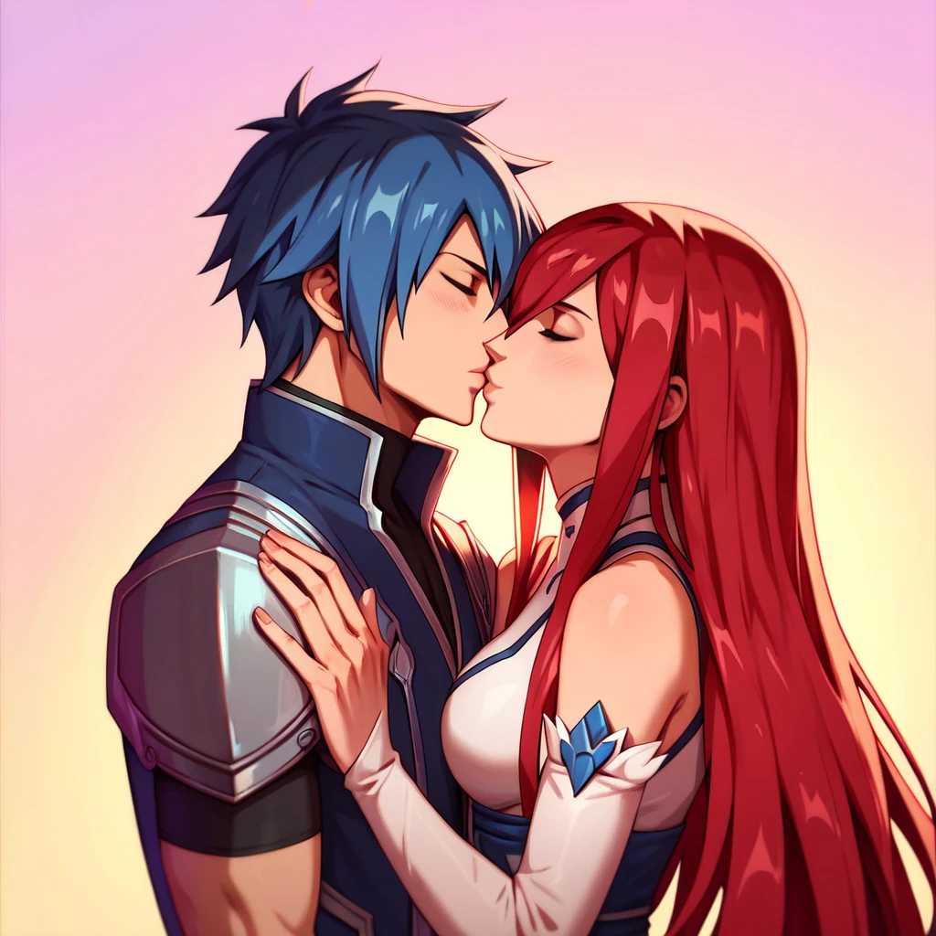 masterpiece, best quality, hetero, couple, imminent kiss, 1boy, jellal fernandes, blue hair, short hair, hair between eyes, closed eyes, kissing, 1 girl, erza scarlet, red hair, long hair, sidelocks, profile