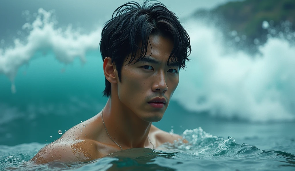 Kai a young boy who loved to sail on his boat on an island, Kai was drowning, 4k realistic imagery, blue scenery like a movie scene, old american setting, inspired by blade runner movie scene, blue tone, 9:16 aspect ratio
