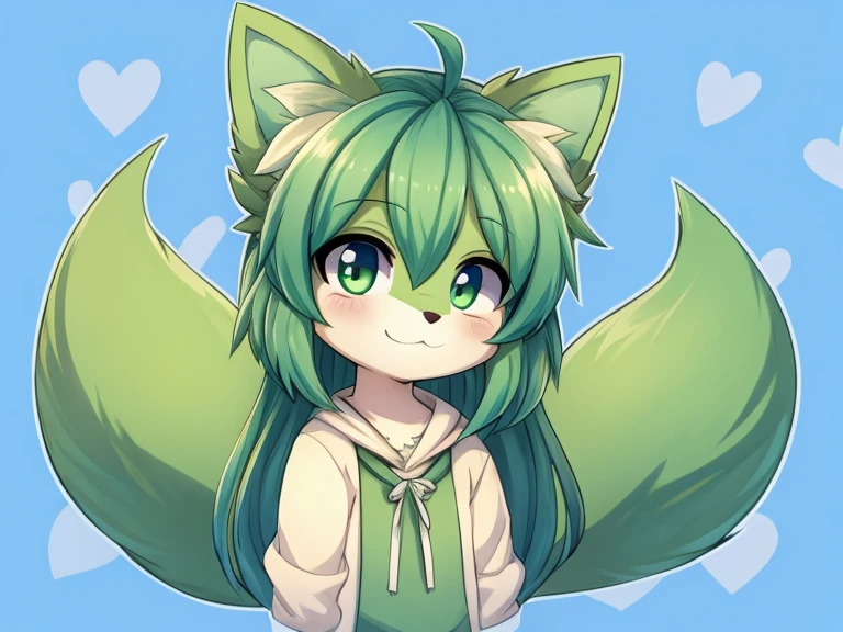 Cute green tails, hair covering one eye, cute background 