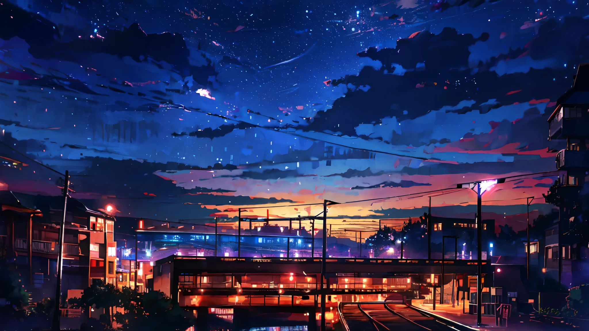 Anime scenery of a train station at night with a train passing by ...