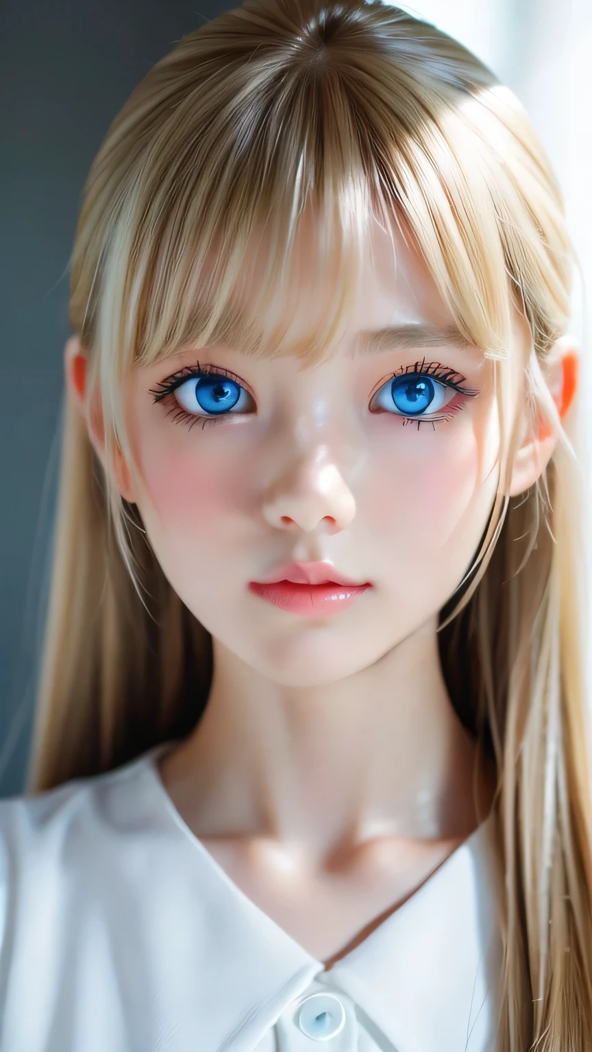 Portrait、、bright look、ponytail、bangs between eyes、bangs on the face、Young, shiny, white, glossy skin、gross face、cheek gloss highlight、best beauty、blonde reflection、Platinum blonde hair with dazzling highlights、shiny bright hair,、super long silky straight hair、Shining beautiful bangs、Attractive, beautifully shining, very bright, light blue eyes、very big eyes、Very beautiful nice cute beautiful girl、rich bust、small face beauty、