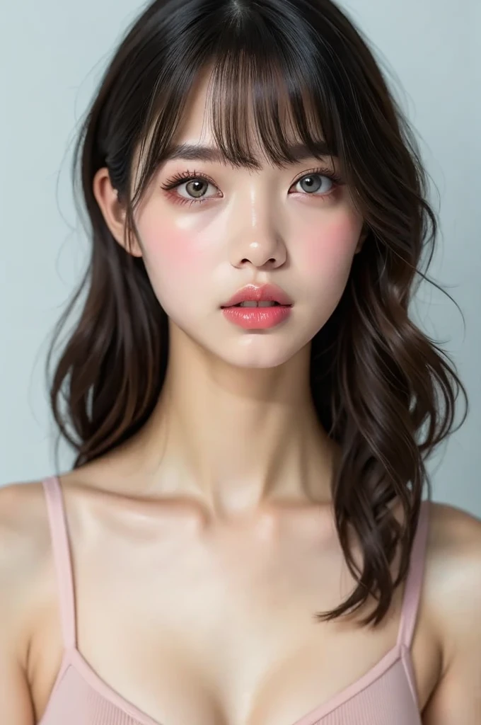 Realistic portrait photography of a woman with long hair,Accurately depict the top of the head、Emphasise the definition of the lips、Big Mouth,Moist pink lips、Thick and plump lips、Clear lip balm for shiny lips、A pale pink lip balm applied far beyond the lip line、neck vain,Wearing a sports bra