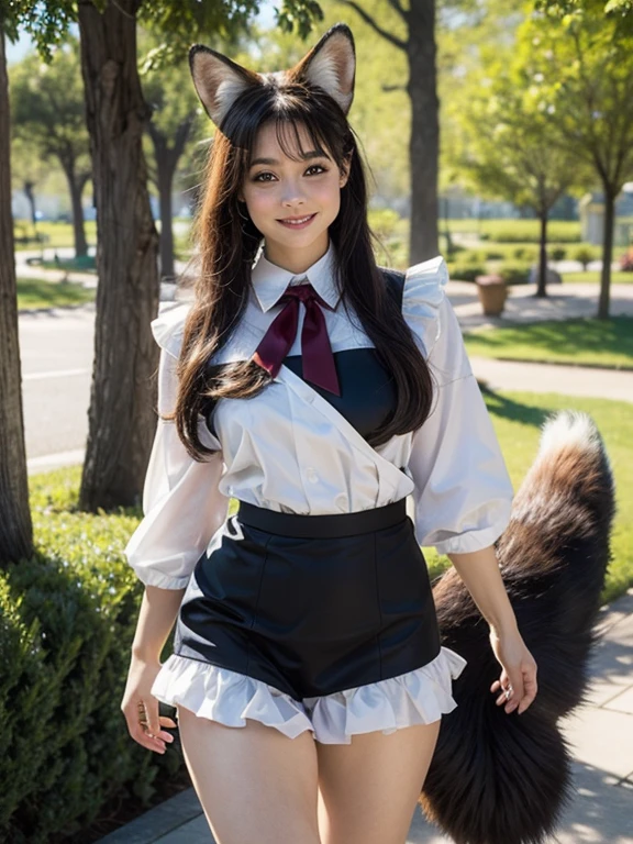 ((Highest quality, 8k)), ((masterpiece)), (Highest Resolution), Perfect Face, Raccoon-eared woman, Female college student, Beautiful woman, public, One tail, she has thick thighs, Big raccoon tail, She has a brown raccoon tail., She sticks out her tail, Embarrassed face, Fur collar, She is wearing a short skirt, Beautiful Hips , Big Breasts, The skirt is rolled up with a big tail