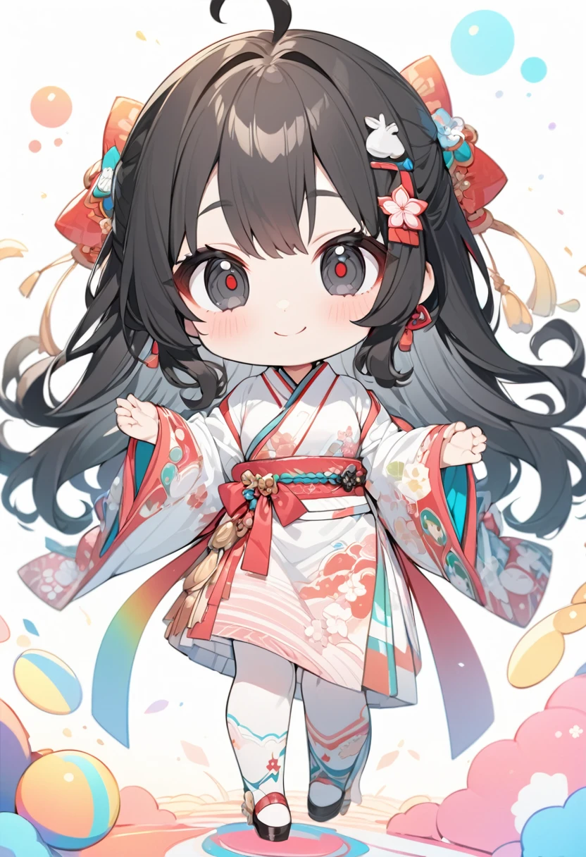 Girl, , happy, smile, View your viewers, Hime cut, Ahoge, Wavy Hair, Black Hair, Black Eyes, Big Eyes, White skin, Chibi, A kimono with white and cherry blossom stripes and a cherry blossom pattern, Hairpin, Gradient white background, masterpiece, Best Quality, detailed, ultra detailed, hyper detailed, insanely detailed, Exquisite, beautiful, Full HD, 16k, cute, Fantasy, A vibrant academic community, anime, 2d anime, Chibi anime, icon, Soft line design, Soft Surface, Simple line drawing, Full Body Shot, Front View, Lens Flare, The best light, Fast shutter speed, Depth of written boundary, Highly saturated colors, Vibrant colors, Light color, Best Hand、