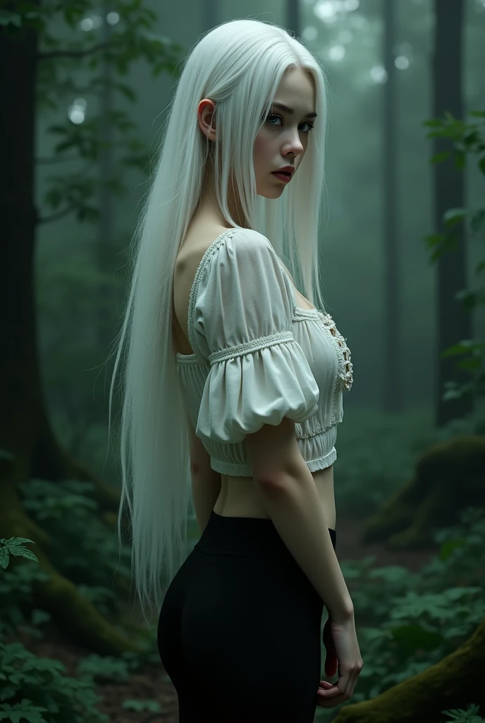 Elf as succubus without fly and black shorter clothes. light skin. White hair. without horns on the head. Without Horns