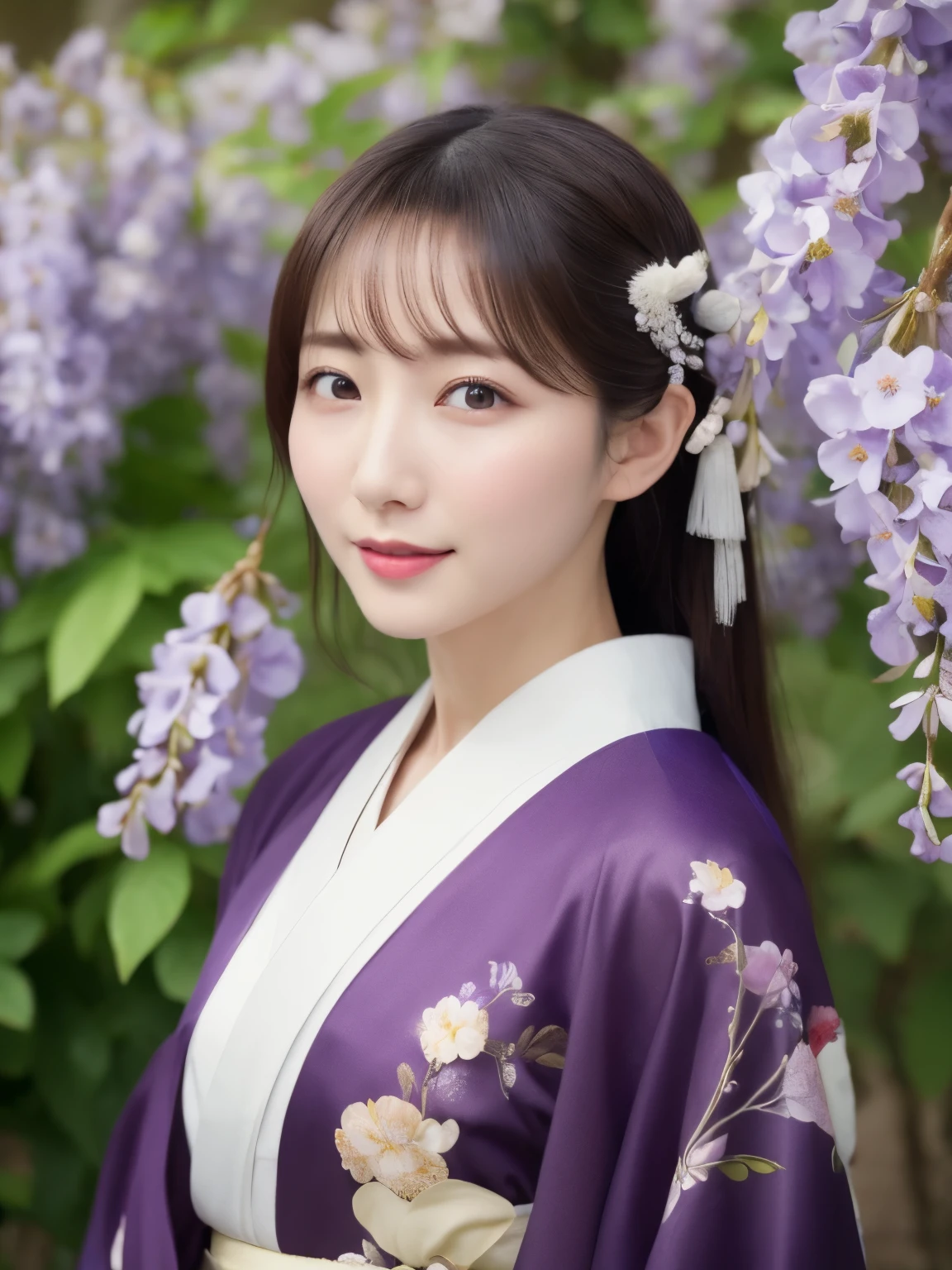 ((Realistic photos:1.3)),((Super detailed)),((sharp:1.5)),1 girl, alone, 櫻flower, flower見, white flower, white flower, Spring, Wisteria, flower瓣, flower, 梅flower, outdoor, falling flower瓣, Dark Eyes, Brightly colored, very traditional and retro exquisite kimono, Purple hair,(Hanfu), Kimono-specific head shapes and headgear,whole body,Medium chest,Beautiful breasts