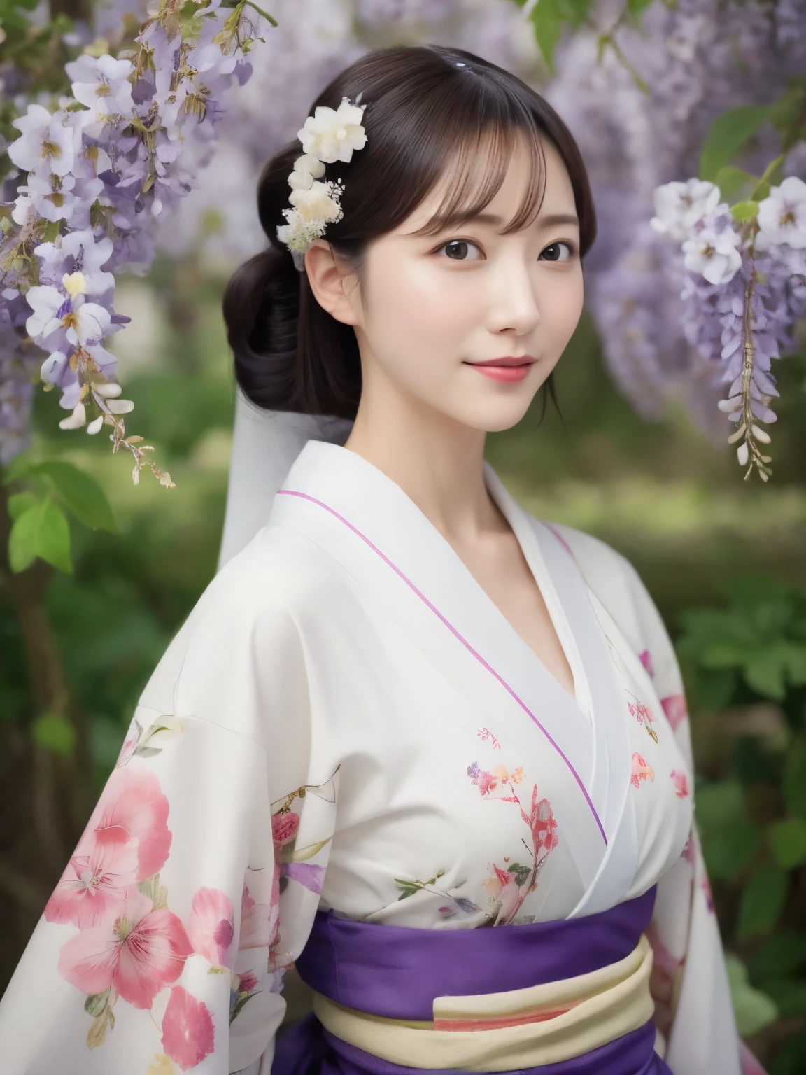 ((Realistic photos:1.3)),((Super detailed)),((sharp:1.5)),1 girl, alone, 櫻flower, flower見, white flower, white flower, Spring, Wisteria, flower瓣, flower, 梅flower, outdoor, falling flower瓣, Dark Eyes, Brightly colored, very traditional and retro exquisite kimono, Purple hair,(Hanfu), Kimono-specific head shapes and headgear,whole body,Medium chest,Beautiful breasts