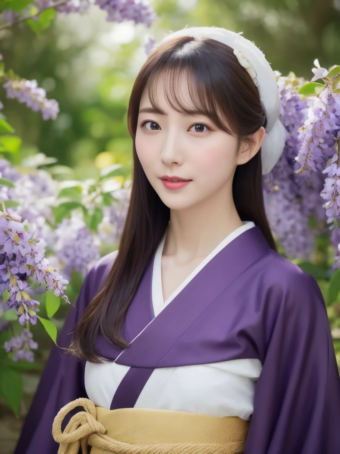 ((Realistic photos:1.3)),((Super detailed)),((sharp:1.5)),1 girl, alone, 櫻flower, flower見, white flower, white flower, Spring, Wisteria, flower瓣, flower, 梅flower, outdoor, falling flower瓣, Dark Eyes, Brightly colored, very traditional and retro exquisite kimono, Purple hair,(Hanfu), Kimono-specific head shapes and headgear,whole body,Medium chest,Beautiful breasts