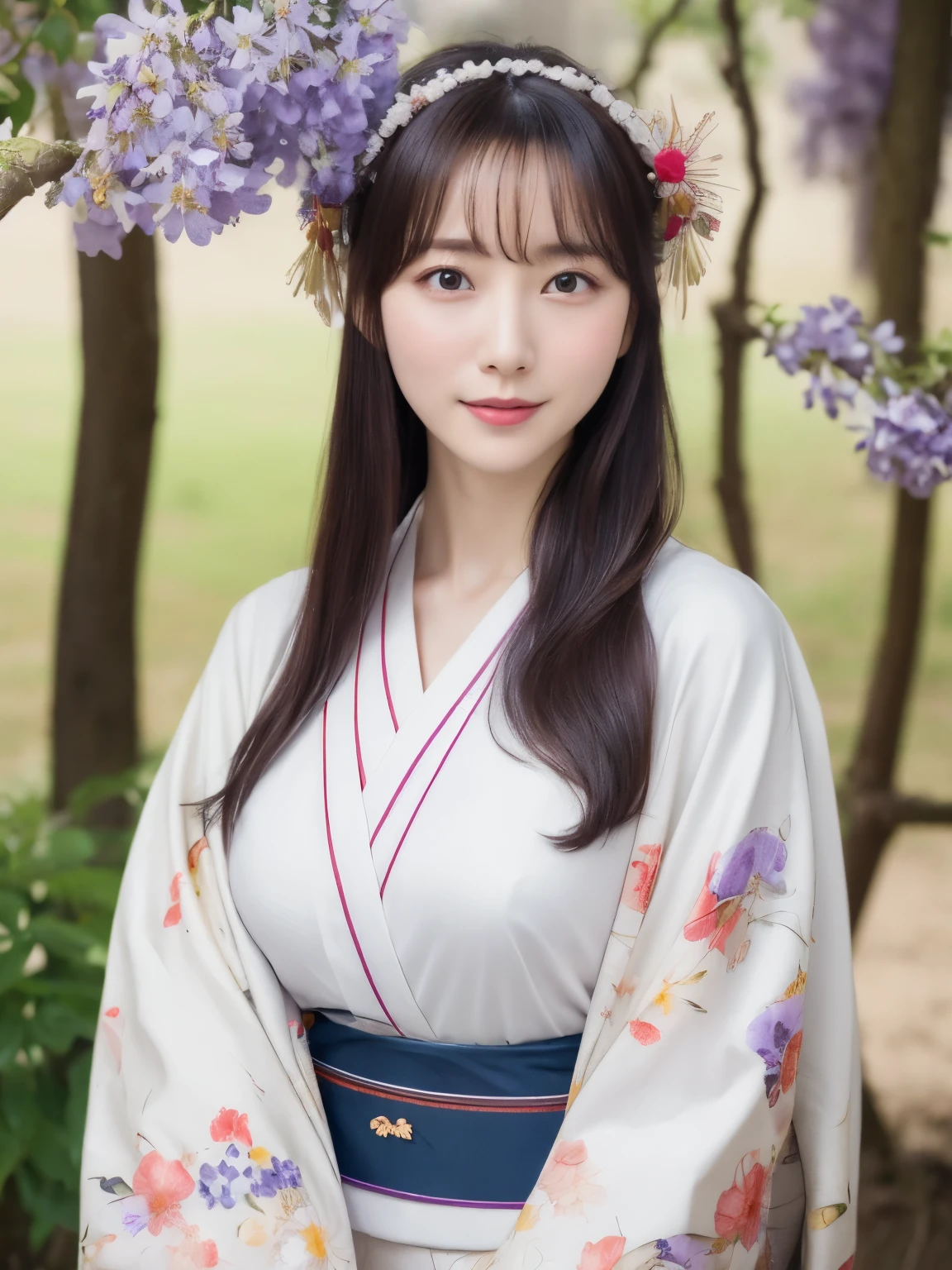 ((Realistic photos:1.3)),((Super detailed)),((sharp:1.5)),1 girl, alone, 櫻flower, flower見, white flower, white flower, Spring, Wisteria, flower瓣, flower, 梅flower, outdoor, falling flower瓣, Dark Eyes, Brightly colored, very traditional and retro exquisite kimono, Purple hair,(Hanfu), Kimono-specific head shapes and headgear,whole body,Medium chest,Beautiful breasts