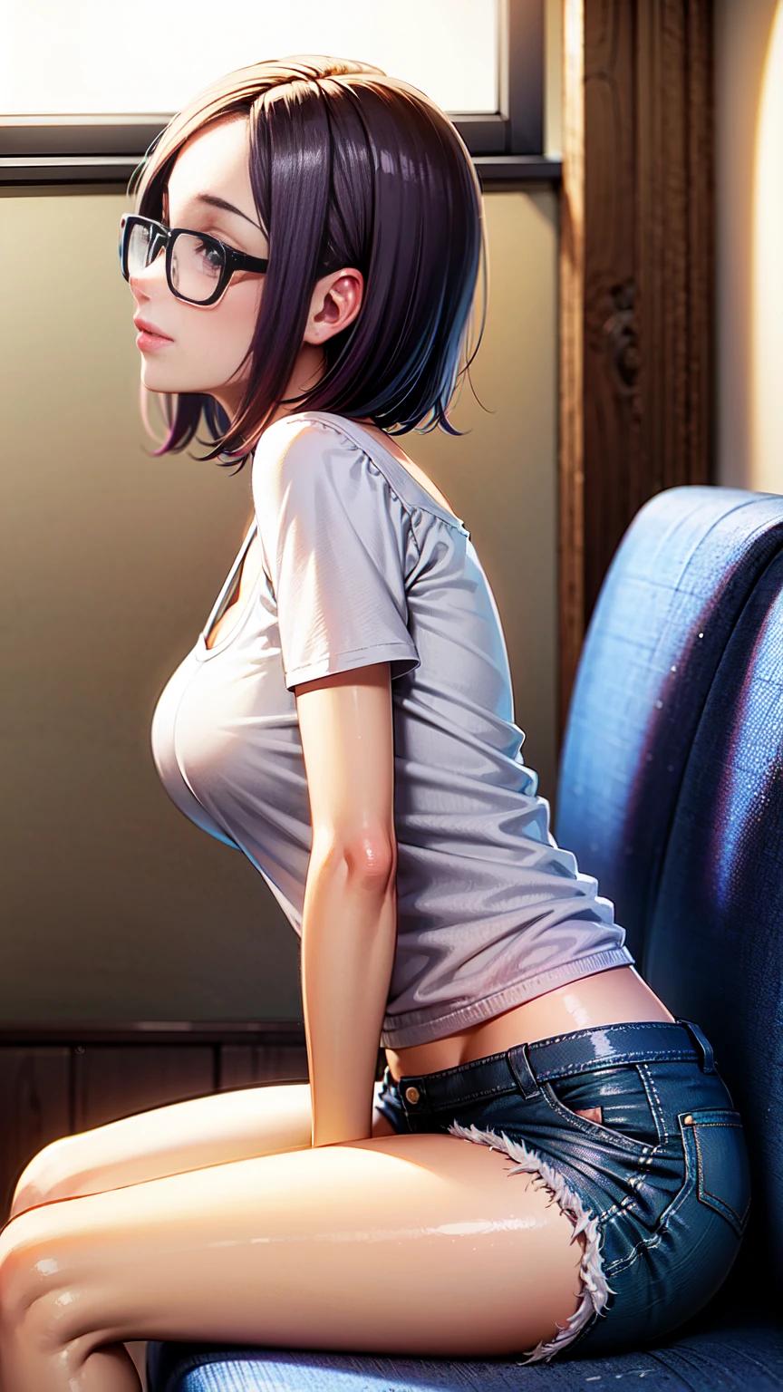 1girl, alone, bob hair, Purple gradient hair, forehead, Black-rimmed glasses, smily, One side of her T-shirt has slipped down, revealing her bra straps, Sitting cross-legged, Short denim pants, clear skin, Hair tucked behind ear, white t-shirts, Bare legs, indoors, ((side view)), On a single sofa,