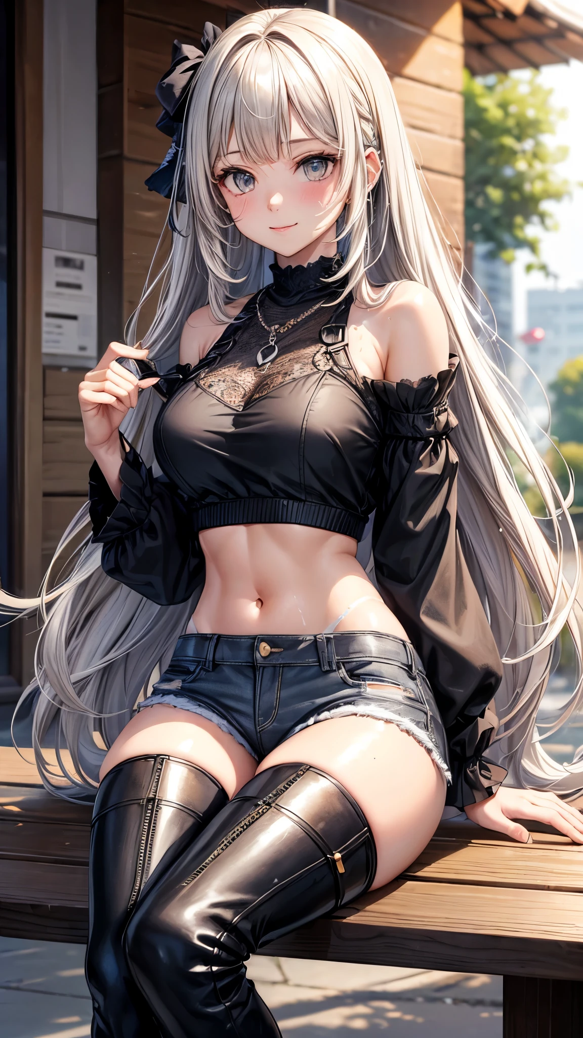 High resolution, woman , good lighting, despicable, , (No nudity), (((loose jeans micro shorts))), ((tight leather top)), (((leather thigh high boots))), (garter belt), abdomen only, (wet shorts), , cute face, I'm embarrassed and blush, humiliating, ((spread your legs)), ((wet with water))