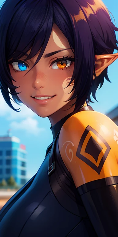 anatomically correct, best quality, masterpiece, high quality, high details, highres, HD, (shaded face:1.2), hollow eyes, (heterochromia, blue eyes, yellow eyes), looking at viewer, smirk, upper teeth, black hair, short hair, (heterochromia, blue eyes, yellow eyes), dark skin, elf, pointy ears, (shoulder tattoo, facial tattoo, tattoo), huge breasts, bodysuit, standing, "Photorealistic, Hyperrealistic, Hyperdetailed, analog style, soft lighting, subsurface scattering, realistic, heavy shadow, masterpiece, best quality, ultra realistic, 8k, golden ratio, Intricate, High Detail, film photography, soft focus"