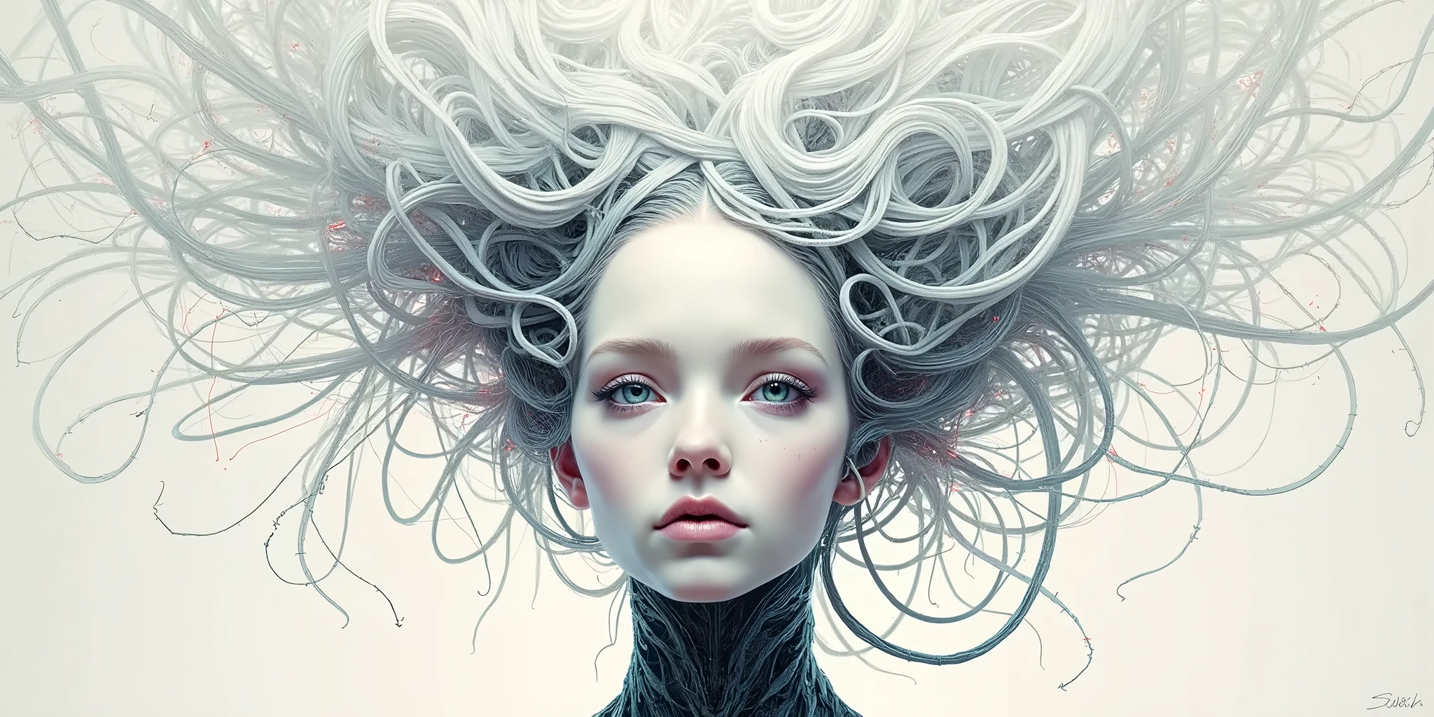 A painting of a woman with her head full of wires., elaborate digital art, intricate transhumanism, Intricate digital artwork, Cyborg - Girl, Intricate digital art, chica cyborg, Cyborg woman, detailed portrait of a cyborg, futuristic art, Intricate digital art, intricate cyborg, Intricate digital painting, A picture of a beautiful cyborg., Cyborg - Girl with silver hair