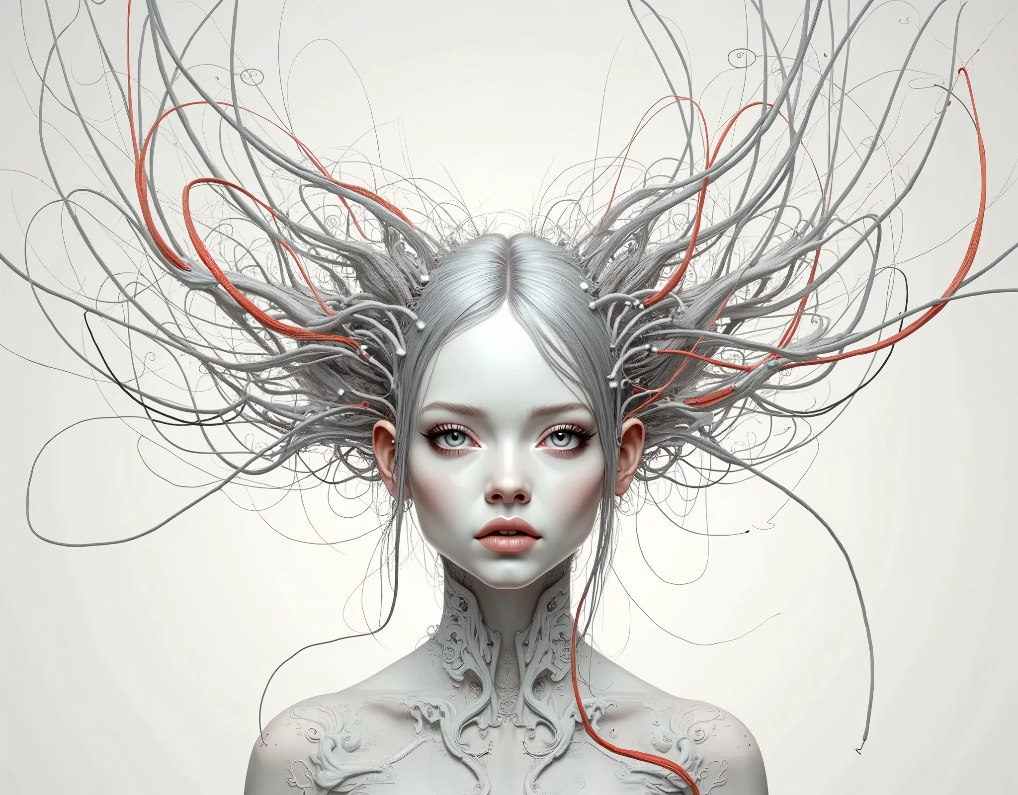 A painting of a woman with her head full of wires., elaborate digital art, intricate transhumanism, Intricate digital artwork, Cyborg - Girl, Intricate digital art, chica cyborg, Cyborg woman, detailed portrait of a cyborg, futuristic art, Intricate digital art, intricate cyborg, Intricate digital painting, A picture of a beautiful cyborg., Cyborg - Girl with silver hair