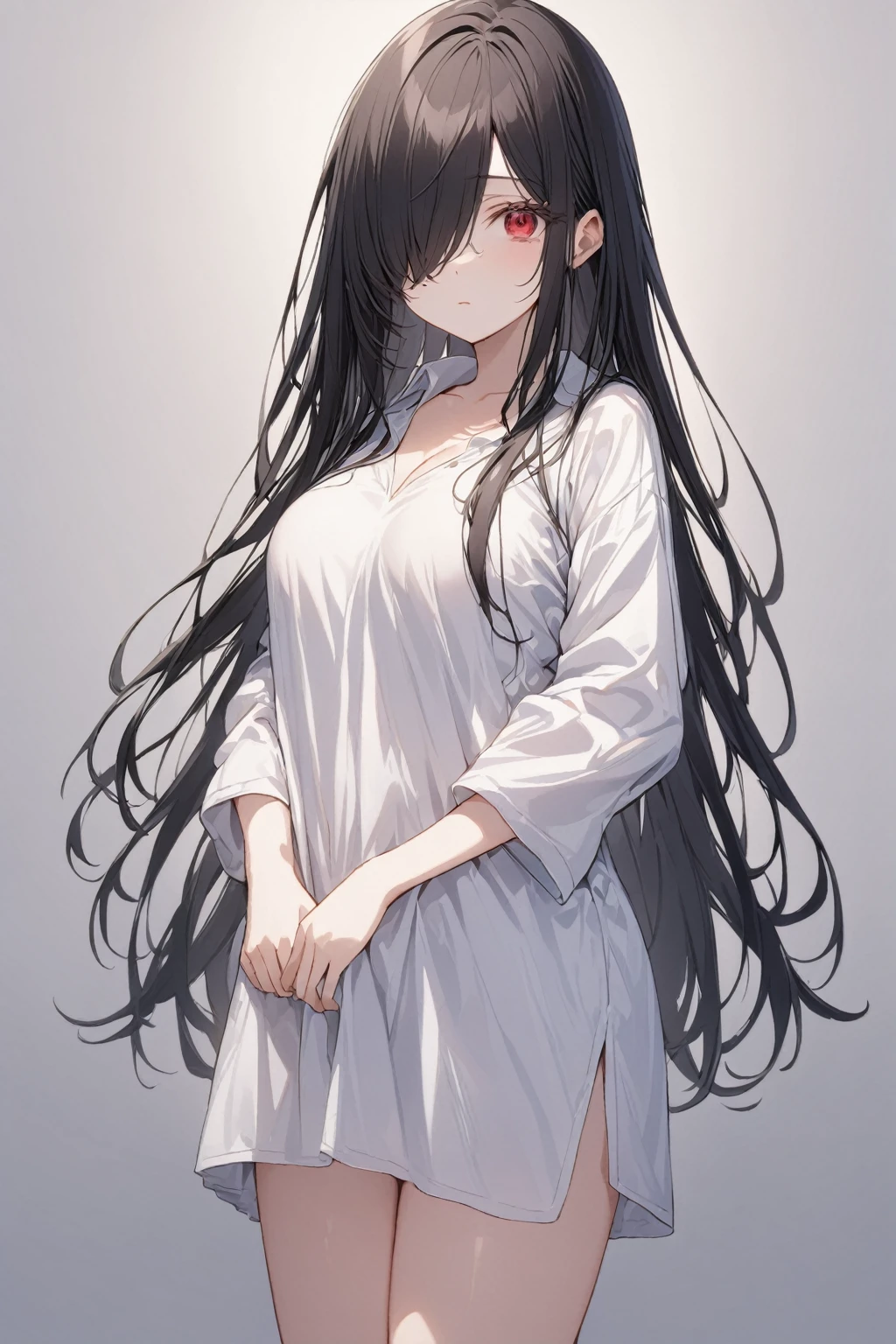 Cowboy Shot, 1girl, Solo, Looking at viewer, Shy, Cute, Red Eyes, Empty Eyes, Expressionless Eyes, Black Hair, Very Long Hair, Straight Hair, ((Hair Over One Eye, Swept Bangs:1.5)), Petite, Large breasts, Pale Skinned, Slender, Curvy, (Red, oversized shirt, Thighs, downblouse), Standing, Simple Background, Cinematic Lighting, Masterpiece, 4K, Best Quality, High Resolution, Accurate, Award Winning, (SuperQuality:1.0) ~ (SuperQuality:1.2)