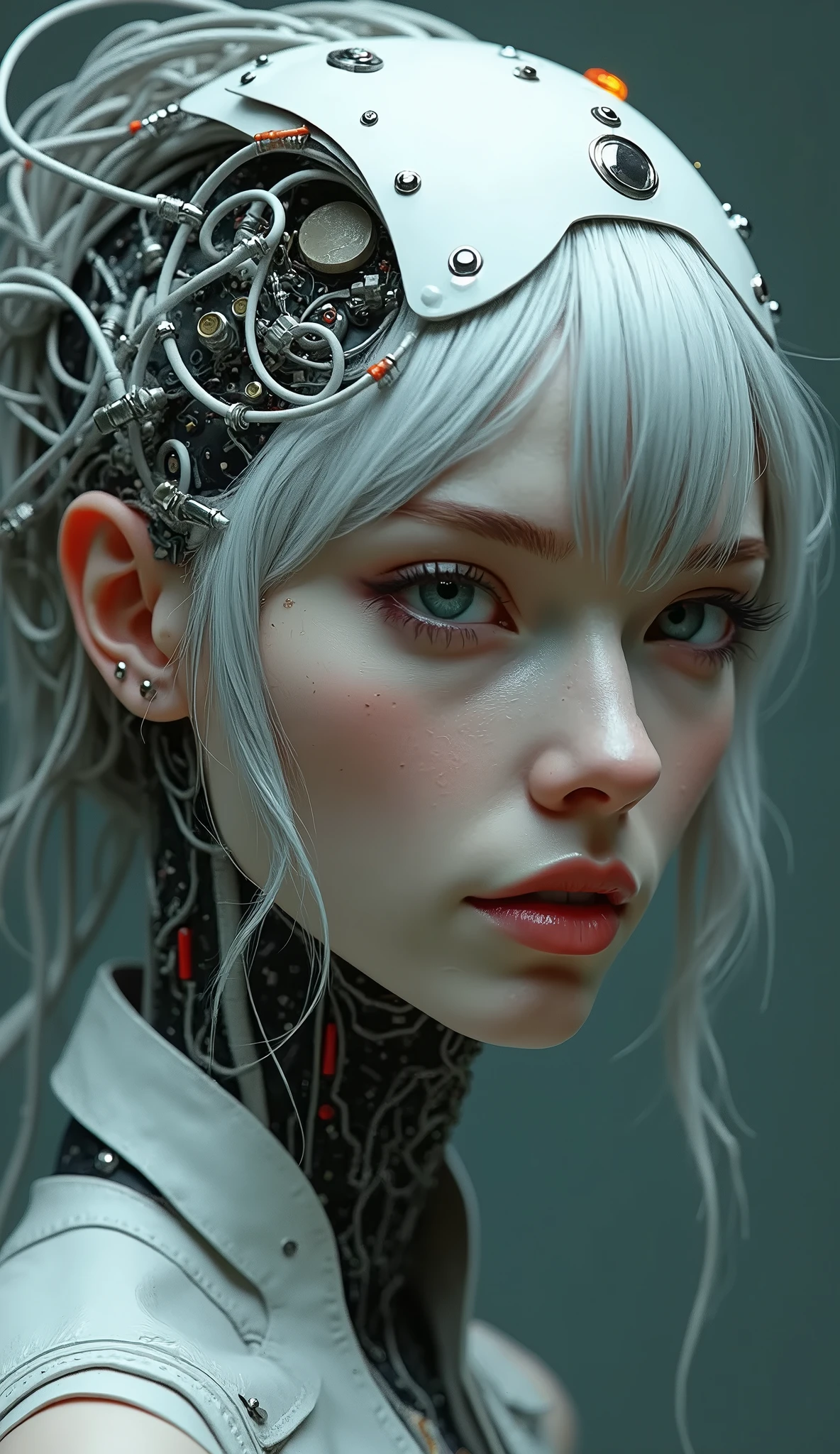 A painting of a woman with her head full of wires., elaborate digital art, intricate transhumanism, Intricate digital artwork, Cyborg - Girl, Intricate digital art, chica cyborg, Cyborg woman, detailed portrait of a cyborg, futuristic art, Intricate digital art, intricate cyborg, Intricate digital painting, A picture of a beautiful cyborg., Cyborg - Girl with silver hair