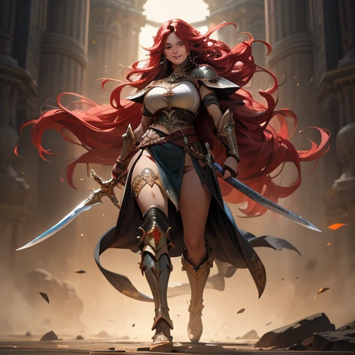 dark edgy; muscle female, knight, cape, superhero, , cute girl, big breast, smile, blush, full body, amazone long hair, red hair, divine, goddess