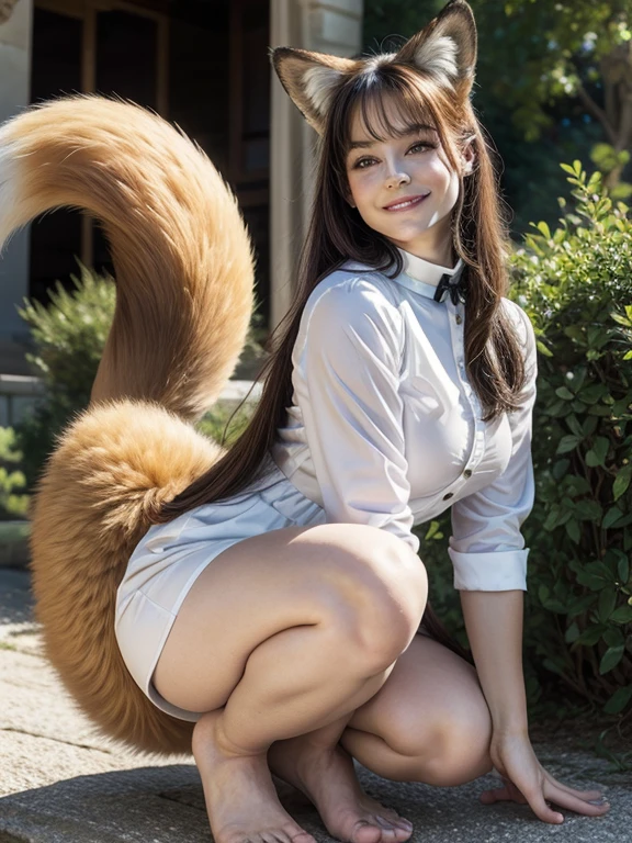 ((Highest quality, 8k)), ((masterpiece)), (Highest Resolution), Perfect Face, Fox Woman, Female college student, Beautiful woman, Outdoor, Only one tail, she has thick thighs, Her large tail, She has a brown fox tail., She wags her fluffy tail, Smiling with teeth showing, fluffy collar, She wears fluffy shoes, Plump Breasts, Beautiful Hips , Fox tail sticking out from butt, On all fours
